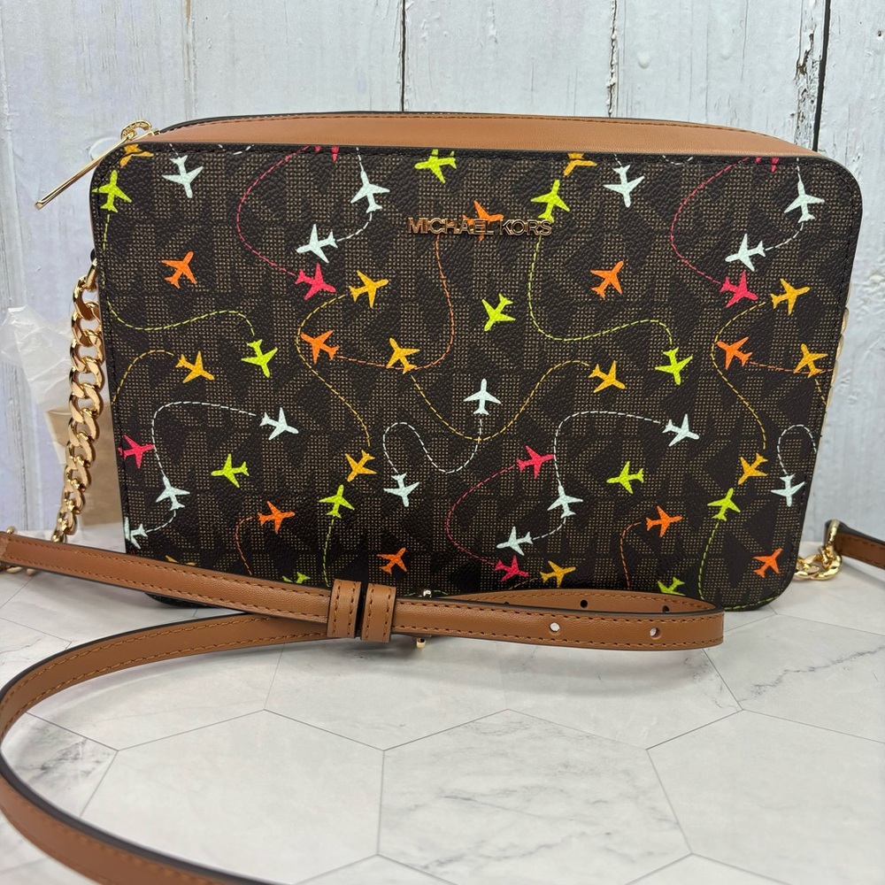 Michael Kors Jet Set Brown Akorn Multi East West Airplanes Crossbody Bag NEW